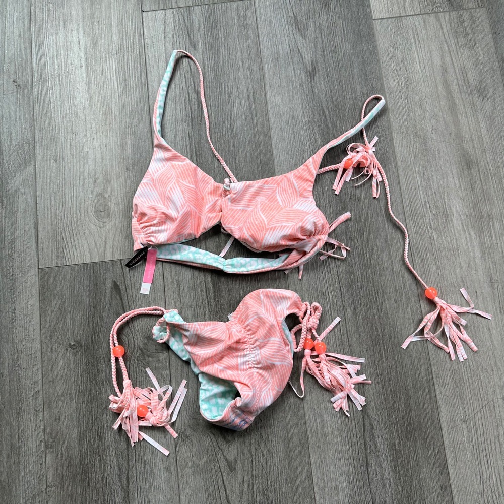NWT VS Reversible Bikini Set Mint Coral Fringe Beads Top S Bottom XS